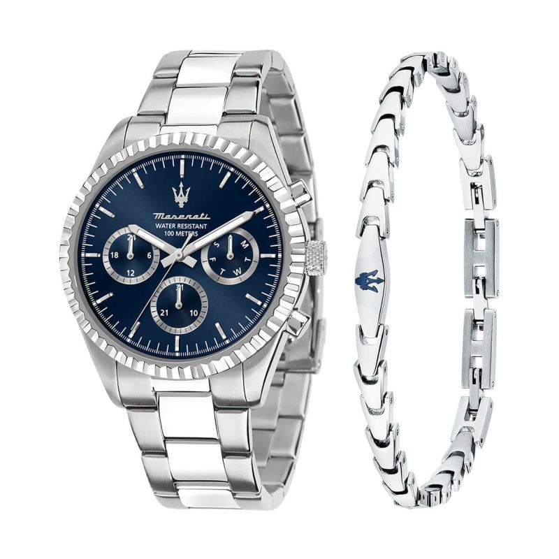 Maserati / マセラティ 【スペシャルパッケージ（時計+ブレスレット）】コンペティツィオーネ 43MM マルチ ブルー ダイヤル シルバー ブレスレット + アイコニック メンズ ブレスレット シルバー ブルーの公式ECサイト掲載画像