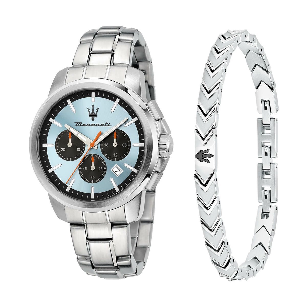 Maserati / マセラティ 【スペシャルパッケージ（時計+ブレスレット）】スクセッソ 42MM クロノ ブルー ダイヤル シルバー ブレスレット + アイコニック メンズ ブレスレット シルバー ブラックの公式ECサイト掲載画像